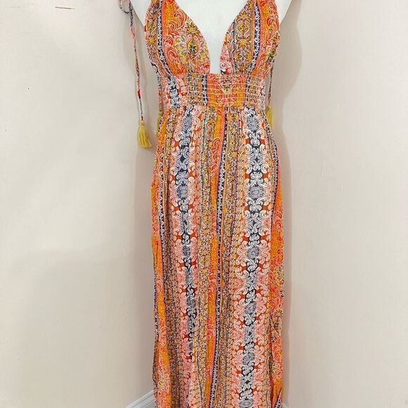 En Creme Boho Mixed Print Floral Stripe Halter Dress S NEW - Picture 3 of 10